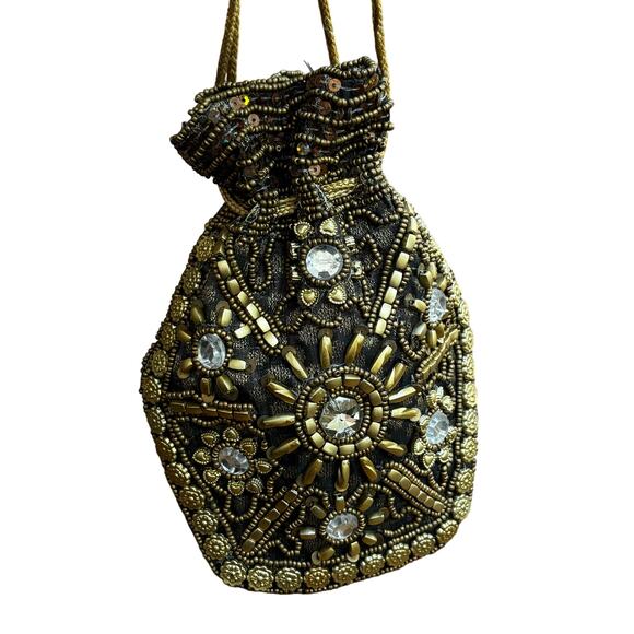 Beaded evening bag black pouch style vintage dressy purse rhinestones beads - Picture 3 of 9